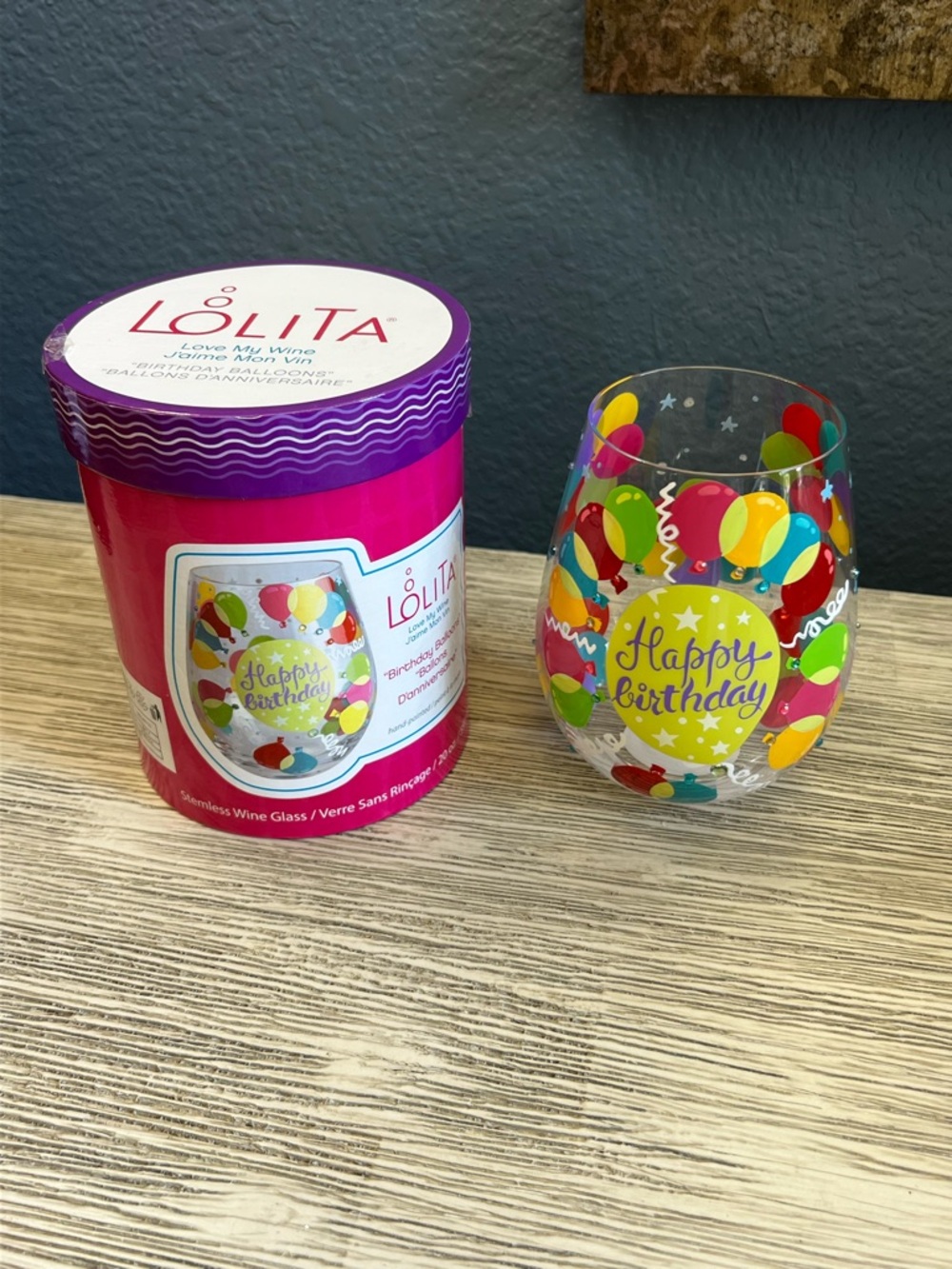 🆕 Lolita Multicolor Balloon 'Happy Birthday' Stemless Wine Glass